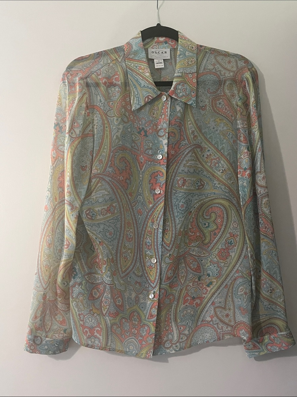 Oscar de la Renta Pastel Paisley Button-Up Blouse in Blue, Green & Coral
